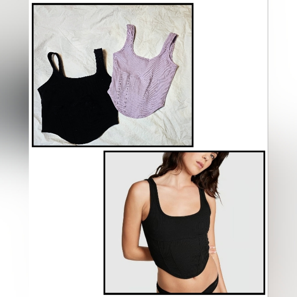2 Victorias Secret PINK Soft Corset Tank Tops Sz M Black Purple